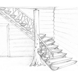 Рубленная лестница полувинт с перилами из коряг и пеньки (-канат)